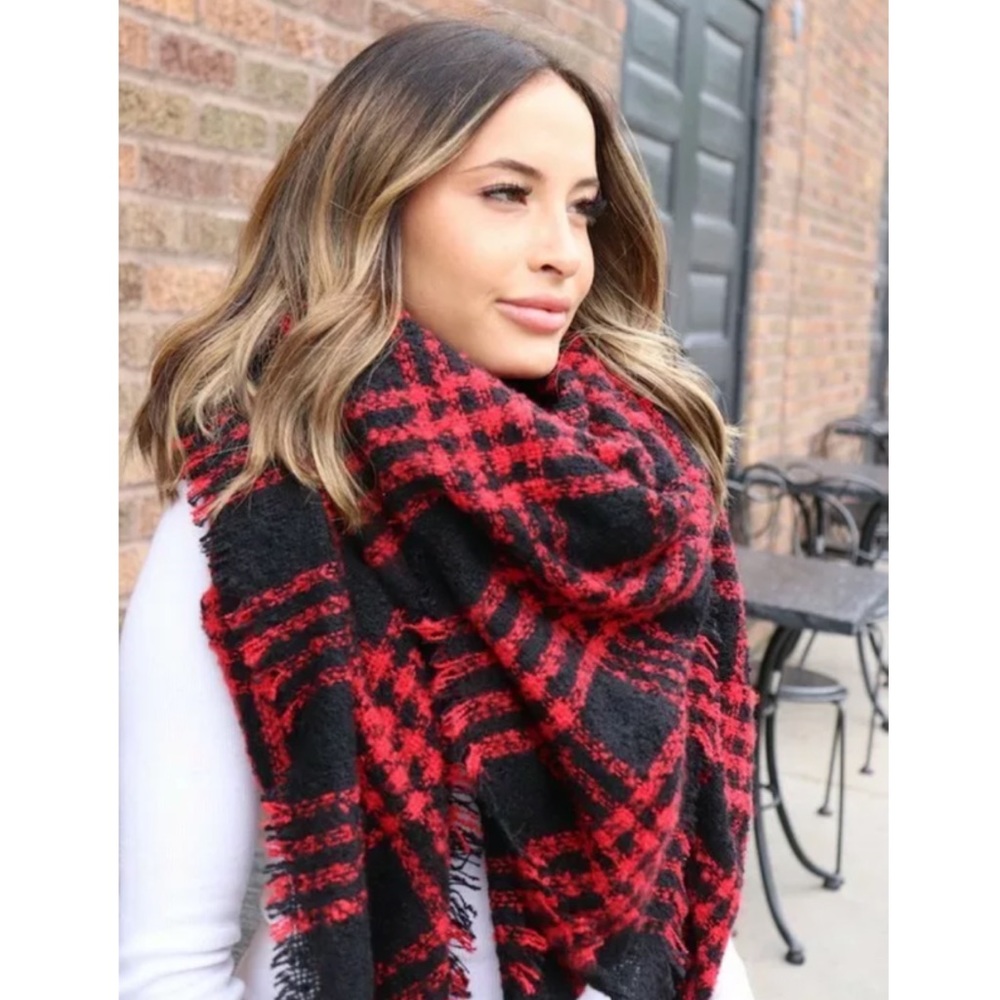 SOLD OUT Red & Black Frayed Hem Soft Plaid Blanket Scarf - Picture 3 of 4